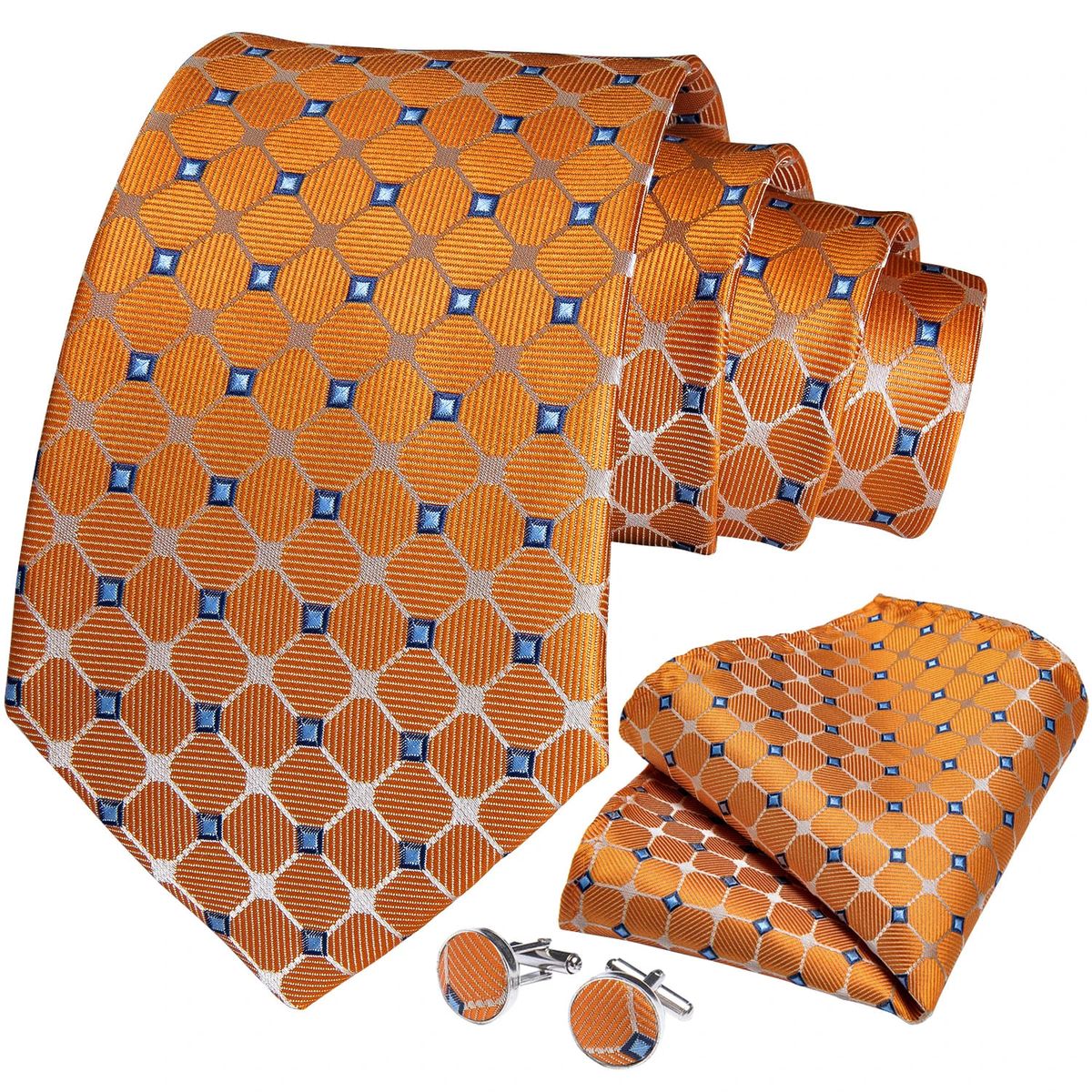 SN SONEC - Corbata hombre seda con pañuelo y colleras Modelo Solinario Naranjo