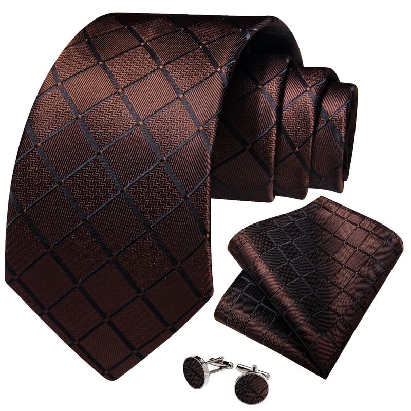 SN SONEC - Corbata Café hombre seda con pañuelo colleras Café Chocolate Oscuro