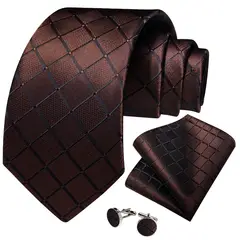 SN SONEC - Corbata Café hombre seda con pañuelo colleras Café Chocolate Oscuro
