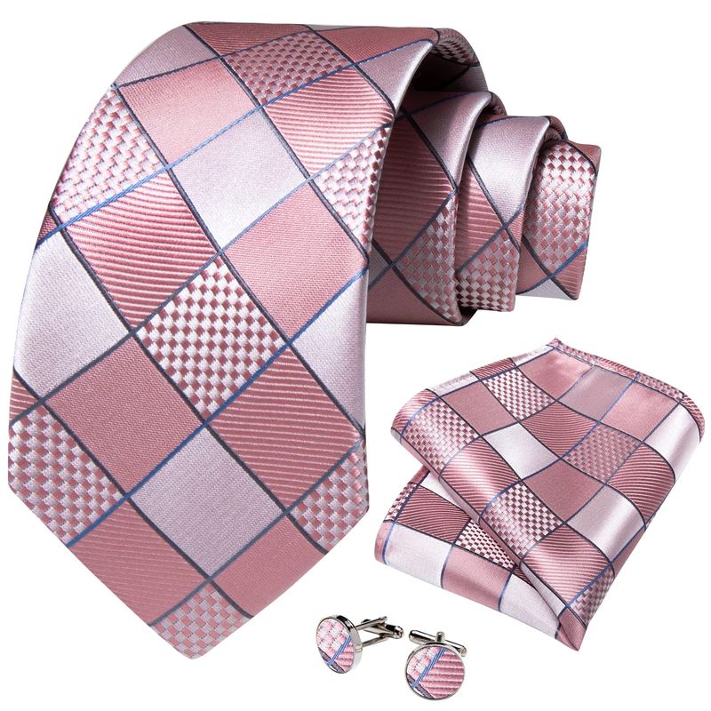 SN SONEC - Corbata para hombre seda con pañuelo colleras Cuadros Rosa y Plateado