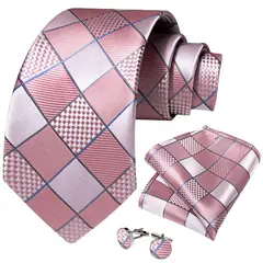 SN SONEC - Corbata para hombre seda con pañuelo colleras Cuadros Rosa y Plateado