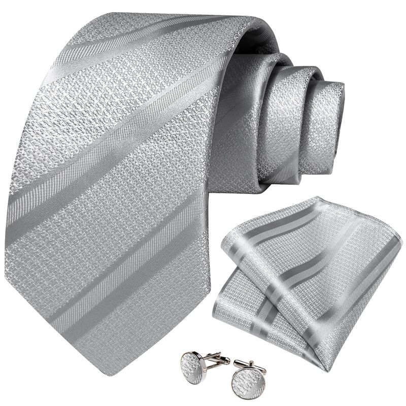 SN SONEC - Corbata Plata hombre seda con pañuelo y colleras Modelo Plateado Metal
