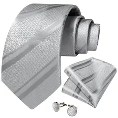 SN SONEC - Corbata Plata hombre seda con pañuelo y colleras Modelo Plateado Metal