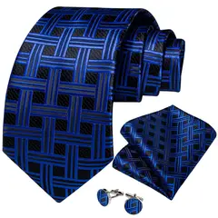 SN SONEC - Corbata hombre seda con pañuelo y colleras Modelo Black and Blue Retro