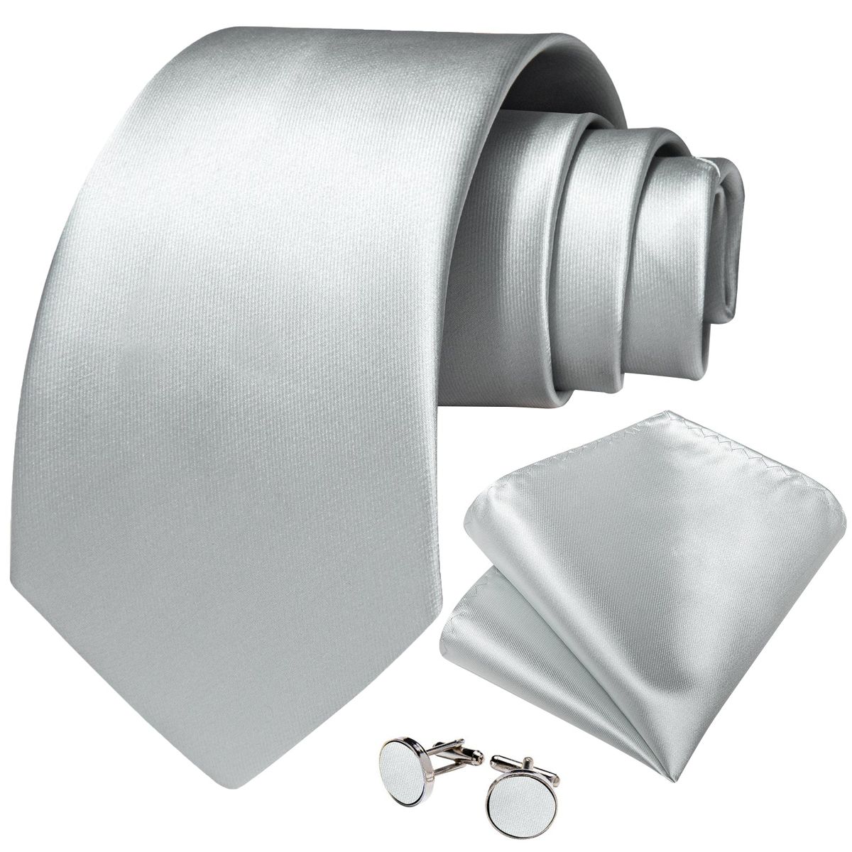 SN SONEC - Corbata hombre seda con pañuelo y colleras Modelo Gris Claro Italiano