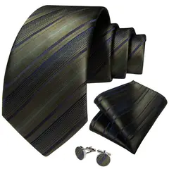 SN SONEC - Corbata hombre seda con pañuelo y colleras Modelo Verde Musgo Rayas
