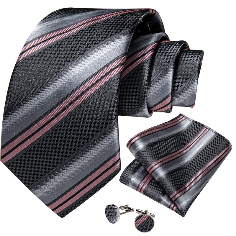 SN SONEC - Corbata Hombre seda pañuelo y colleras Modelo Pink and Grey Rayas