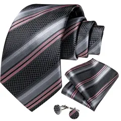 SN SONEC - Corbata Hombre seda pañuelo y colleras Modelo Pink and Grey Rayas