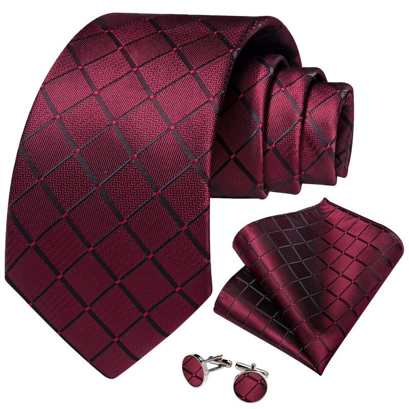 SN SONEC - Corbata hombre seda con pañuelo y colleras Modelo Sangre Vinotinto