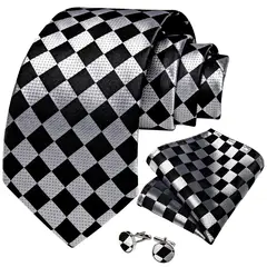 SN SONEC - Corbata Blanco y Negro Hombre seda pañuelo y colleras Modelo Ajedrez