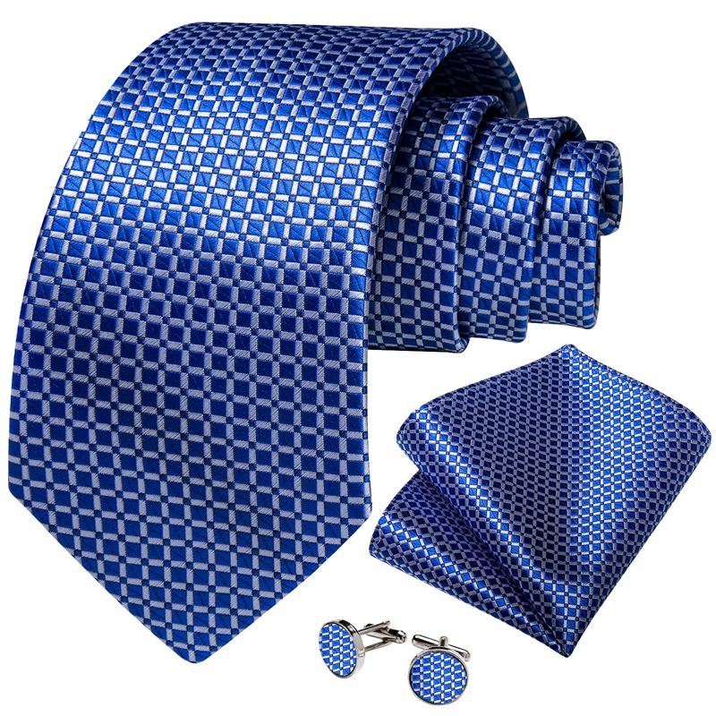 SN SONEC - Corbata Seda Hombre con paño y colleras Modelo Celeste Oscuro Cuadros