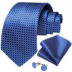 SN SONEC - Corbata Seda Hombre con paño y colleras Modelo Celeste Oscuro Cuadros
