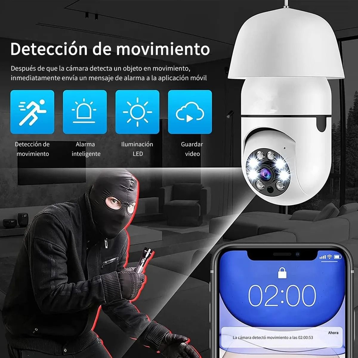 GIOIO - Cámara De Seguridad Wifi De 360° 1080p E27 Con Visión Alarma