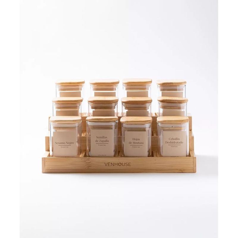 GENERICO - Especiero Cocina 12 Frascos Vidrio Bambú + Etiquetas Beiges