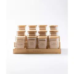 GENERICO - Especiero Cocina 12 Frascos Vidrio Bambú + Etiquetas Beiges