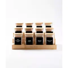 GENERICO - Especiero Cocina 12 Frascos Vidrio Bambú + Etiquetas Negras