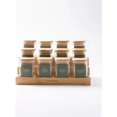 GENERICO - Especiero Cocina 12 Frascos Vidrio Bambú + Etiquetas Verdes
