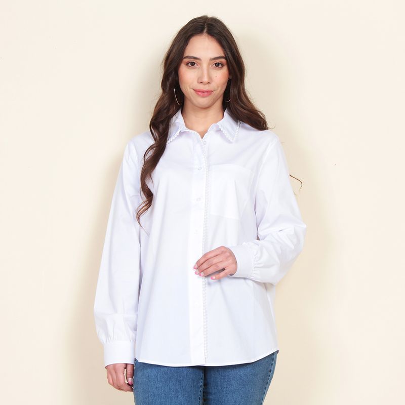 WADOS - BLUSA MANGA LARGA SOLIDA ABOTONADA  CON APLICACION EN CUELLO Y CRUCE