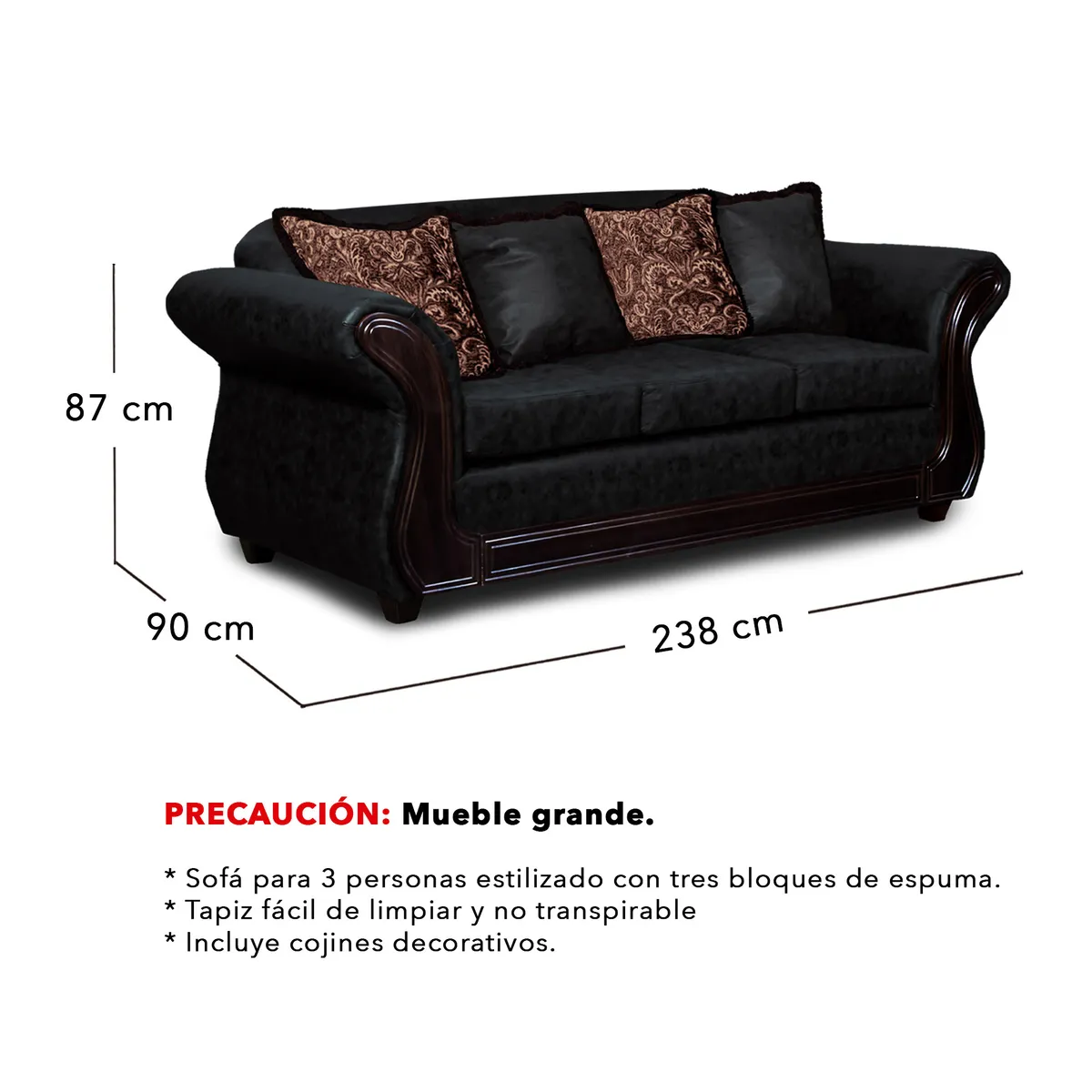 ADONIS LEUDH - Living 3+2 Palermo Envejecido Extra Grande Negro Con Pelitos