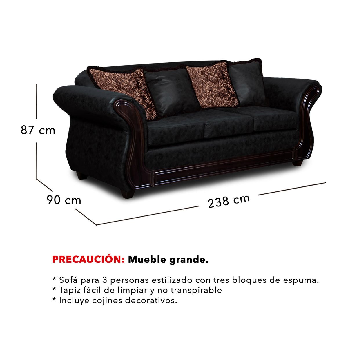 ADONIS LEUDH - Sofá 3 Personas Palermo Envejecido Extra Grande Negro Con Pelitos.