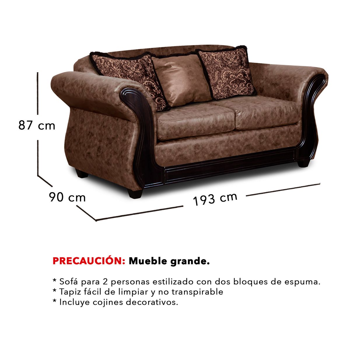 ADONIS LEUDH - Sofá 2 Personas Palermo Envejecido Extra Grande Café Claro Con Pelitos