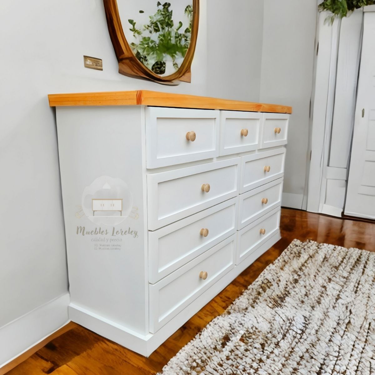 RUSTIC STYLE - COMODA MADERA 9 CAJONES BLANCA Y MIEL CON TELESCOPICOS.