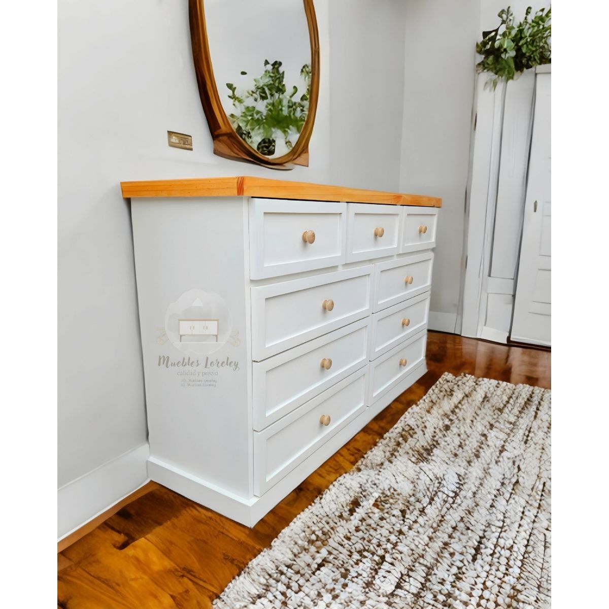RUSTIC STYLE - COMODA MADERA 9 CAJONES BLANCA Y MIEL CON TELESCOPICOS.