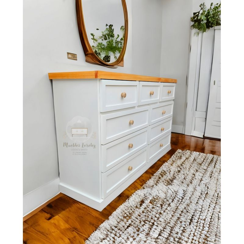 RUSTIC STYLE - COMODA 9 CAJONES BLANCA Y MIEL CON TELESCOPICOS.
