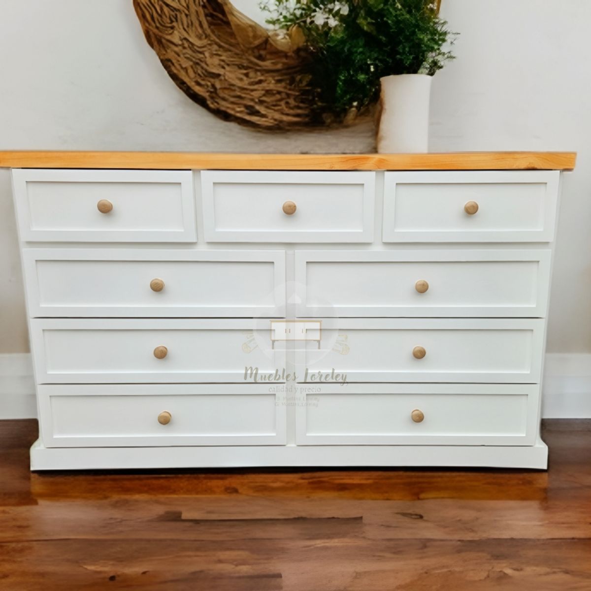 RUSTIC STYLE - COMODA MADERA 9 CAJONES BLANCA Y MIEL CON TELESCOPICOS.