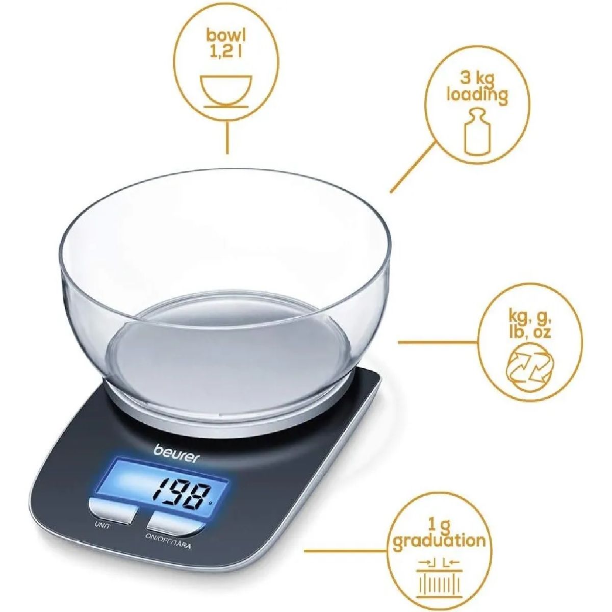 BEURER - Balanza De Cocina Hasta 3kg Gris Oscuro Beurer Ks 25