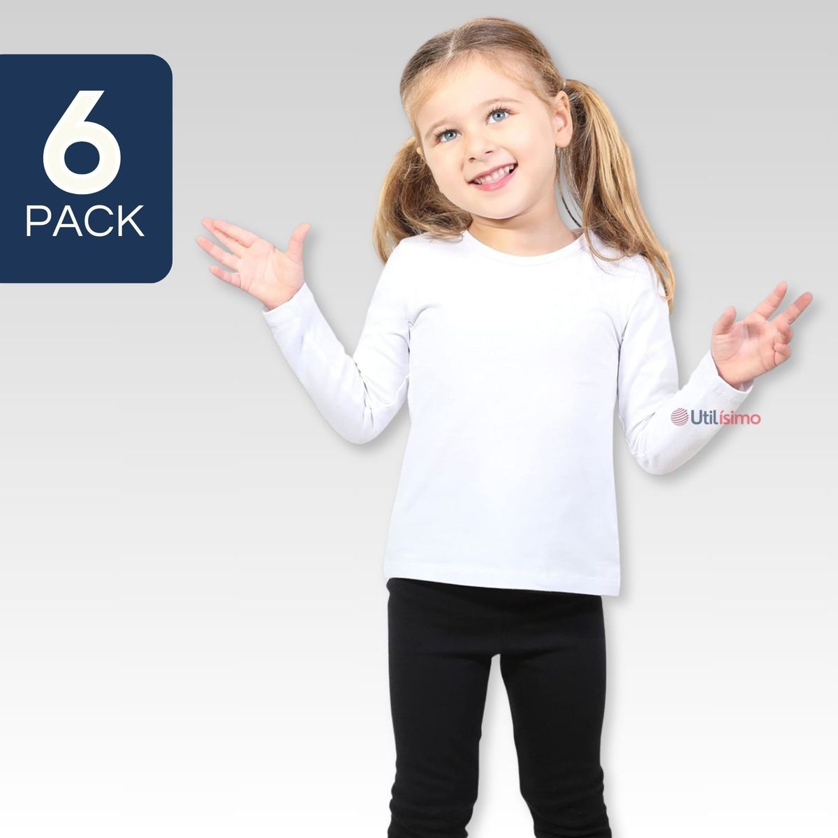 UTILISIMO - Pack 6 Camiseta Polera Polar Manga Larga Niña Primera Capa Blanco