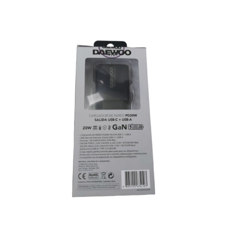 DAEWOO - CARGADOR DAEWOO USB PD20W DI-PD202-EU SALIDA USB-C + USB-A