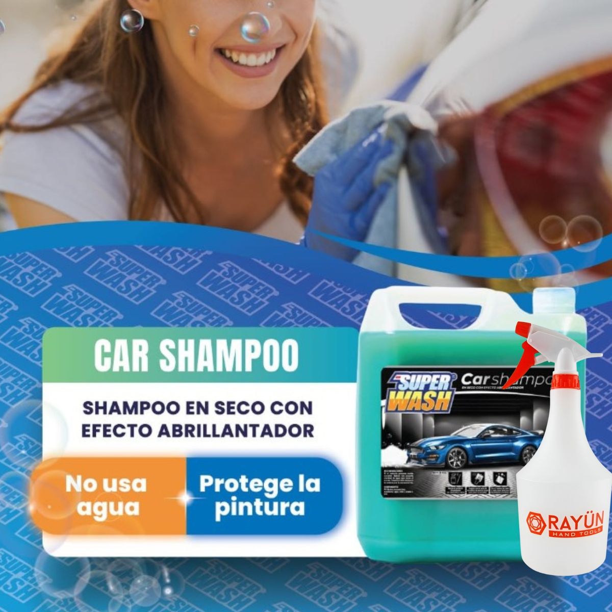 GENERICO - Pack Shampoo Para Auto En Seco Super Wash + Pulverizador 1l