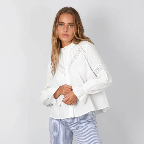 RAINDOOR - Blusa Pliegues Broderie Blanco Mujer