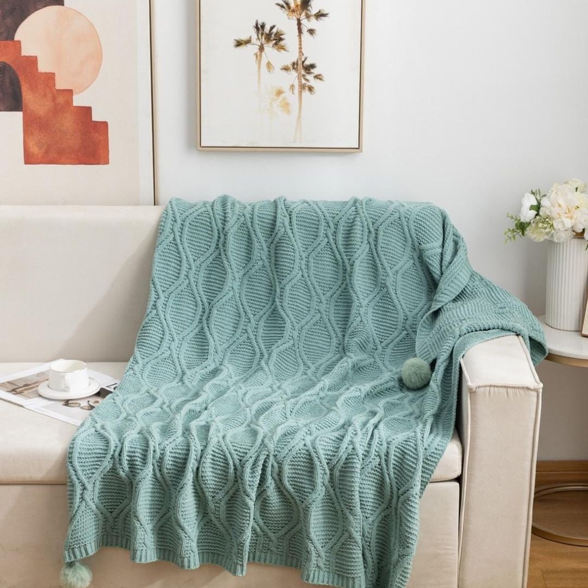 GENERICO - ELEGANTES MANTAS DE CHENILL DECORATIVAS PARA SOFA CON POMPONES