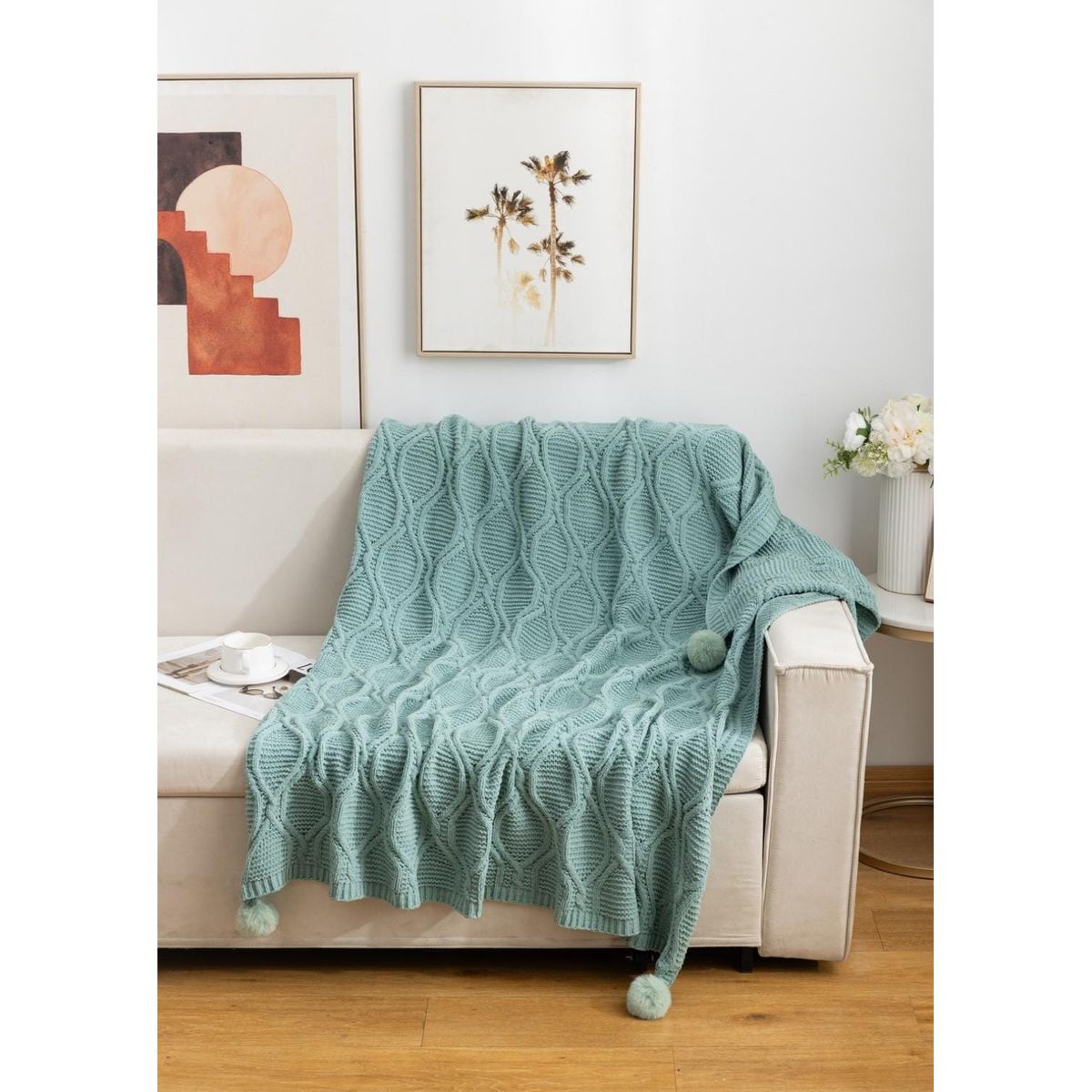 GENERICO - ELEGANTES MANTAS DE CHENILL DECORATIVAS PARA SOFA CON POMPONES