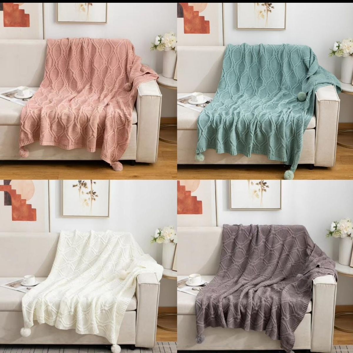 GENERICO - ELEGANTES MANTAS DE CHENILL DECORATIVAS PARA SOFA CON POMPONES