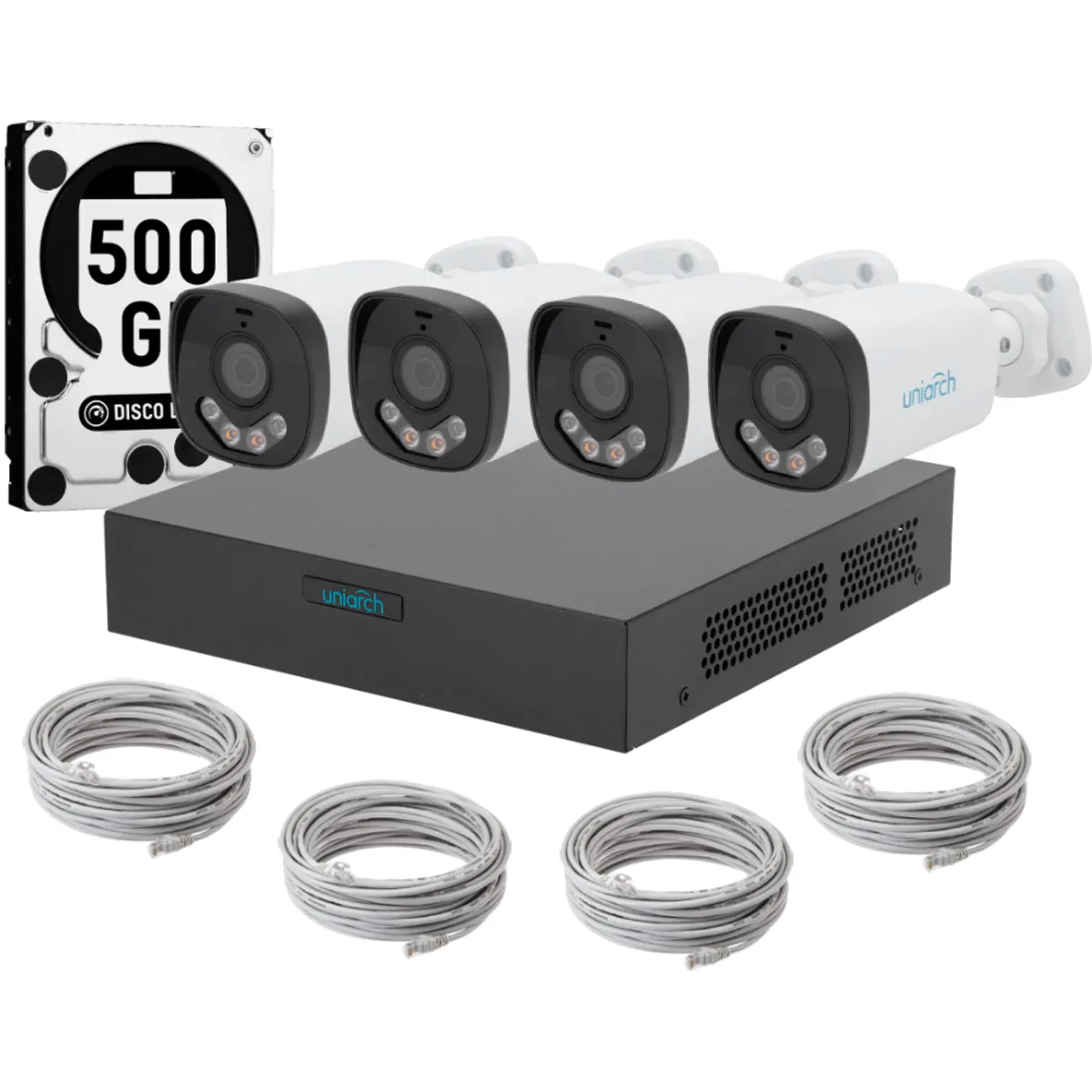 UNIARCH - Kit 4 Camaras Bala Uniarch Dual Light Audio Poe 3mp Dd 500gb