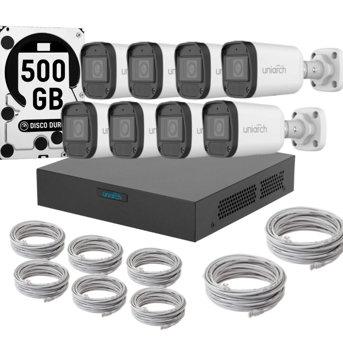 UNIARCH - Kit 8 Camaras Bala Uniarch Ir Poe Audio 2mp Dd 500gb