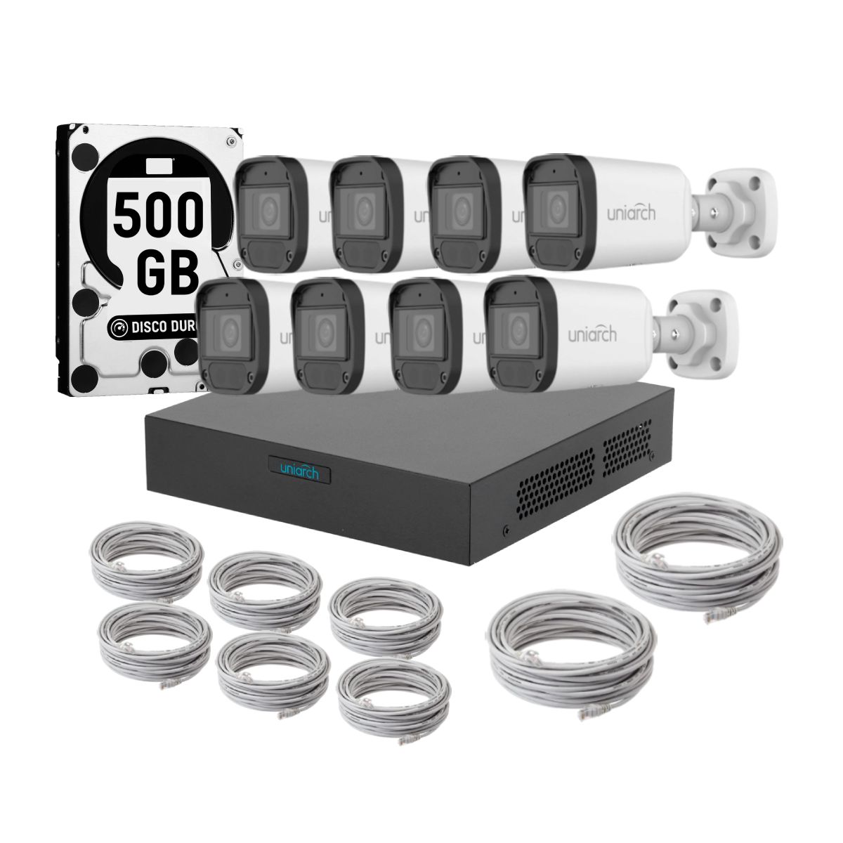 UNIARCH - Kit 8 Camaras Bala Uniarch Ir Poe Audio 2mp Dd 500gb