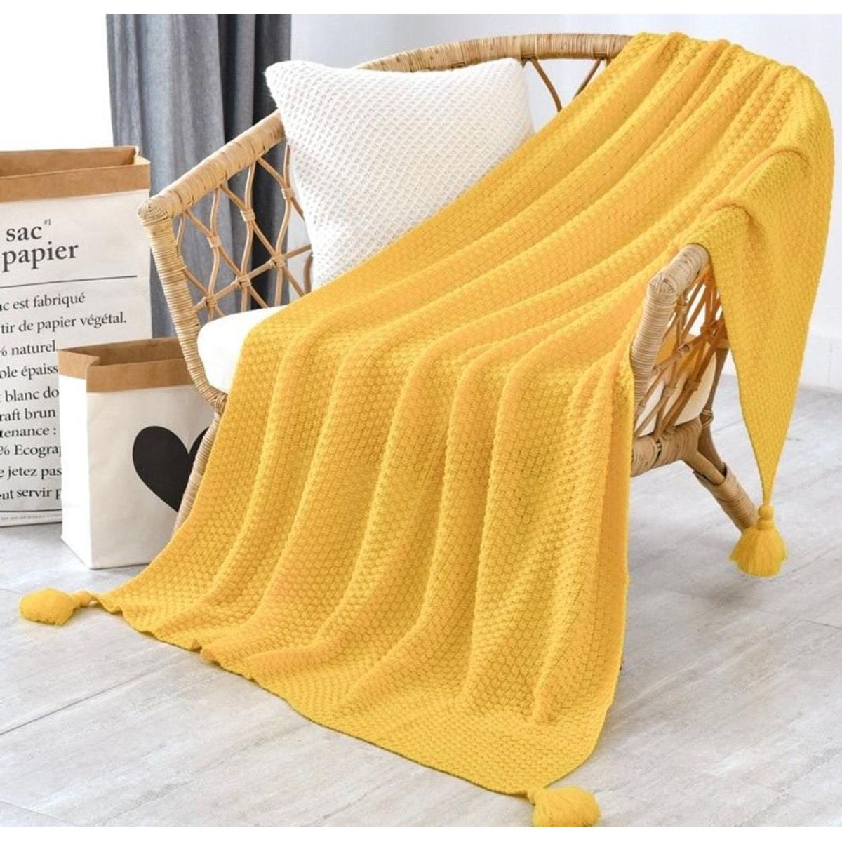 GENERICO - ELEGANTES MANTAS DE CHENILL DECORATIVAS PARA SOFA CON POMPONES