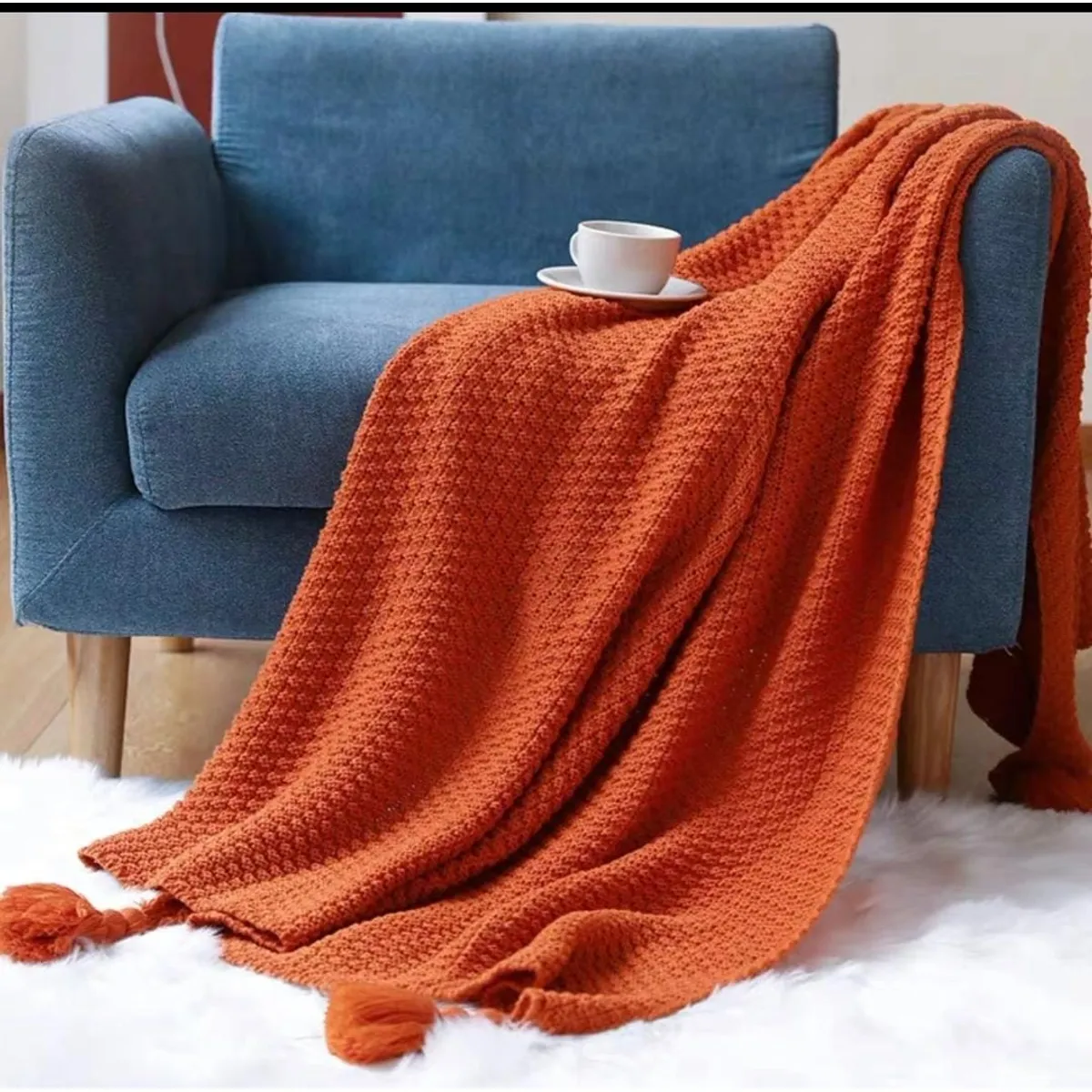 GENERICO - ELEGANTES MANTAS DE CHENILL DECORATIVAS PARA SOFA CON POMPONES