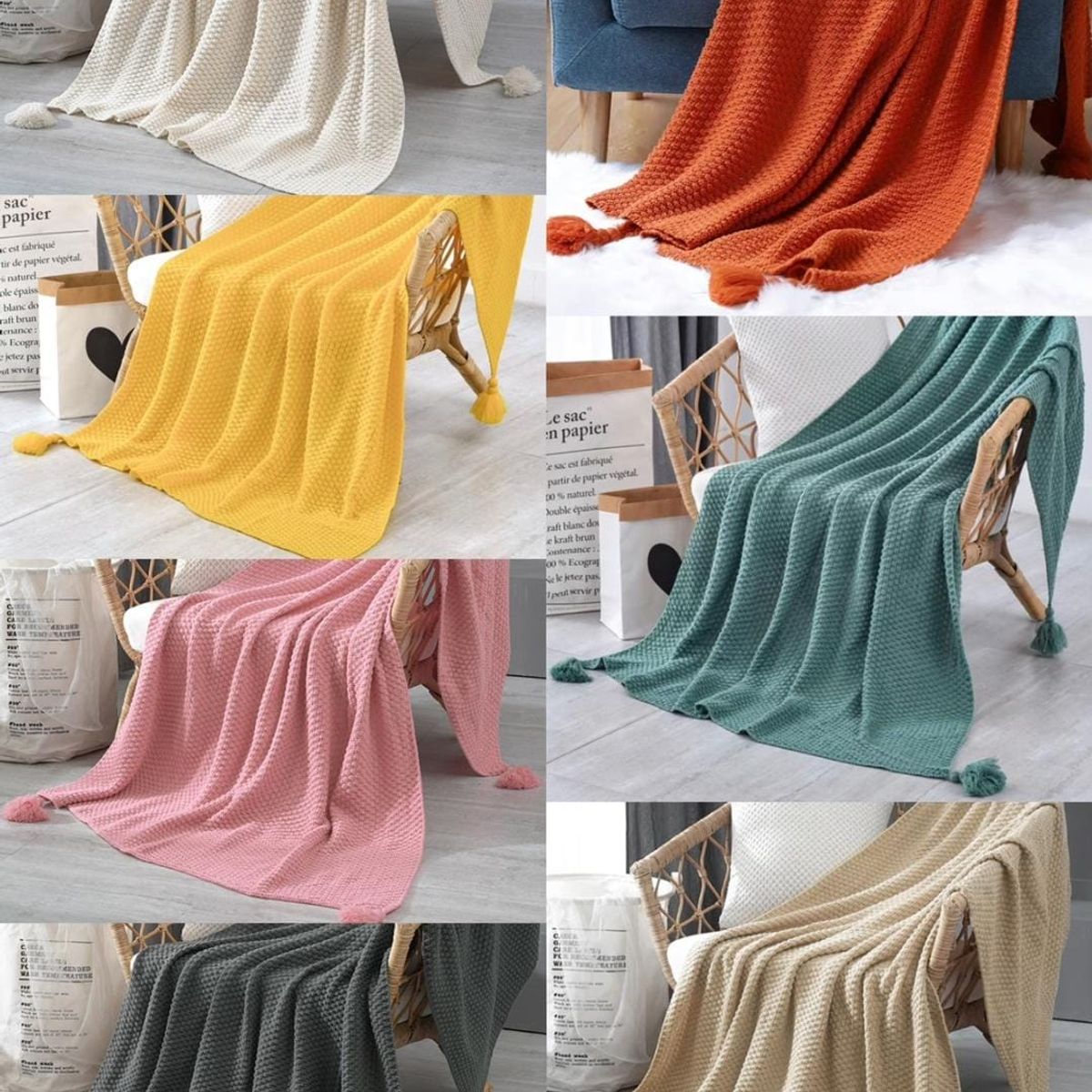 GENERICO - ELEGANTES MANTAS DE CHENILL DECORATIVAS PARA SOFA CON POMPONES