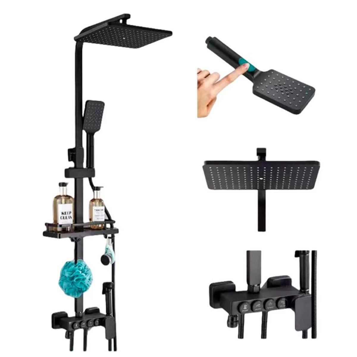 DETODOYMAS - Kit De Ducha Columna Negra Con 4 Botones Multifuncional - Negro