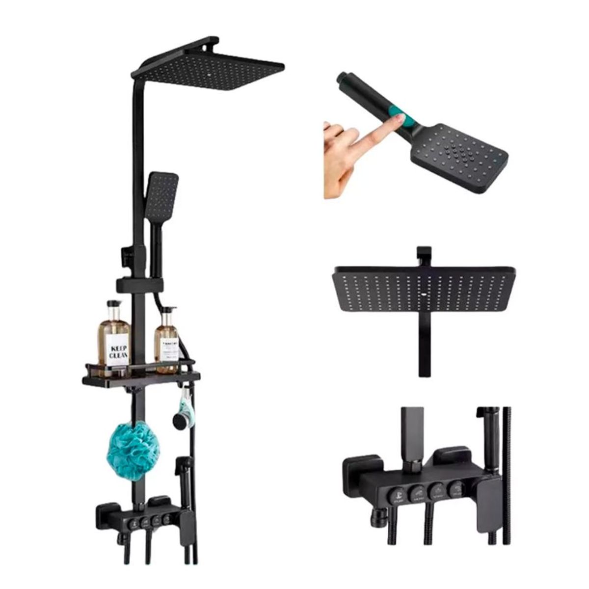 DETODOYMAS - Kit De Ducha Columna Negra Con 4 Botones Multifuncional - Negro