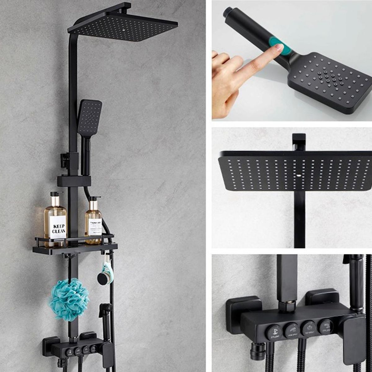 DETODOYMAS - Kit De Ducha Columna Negra Con 4 Botones Multifuncional - Negro