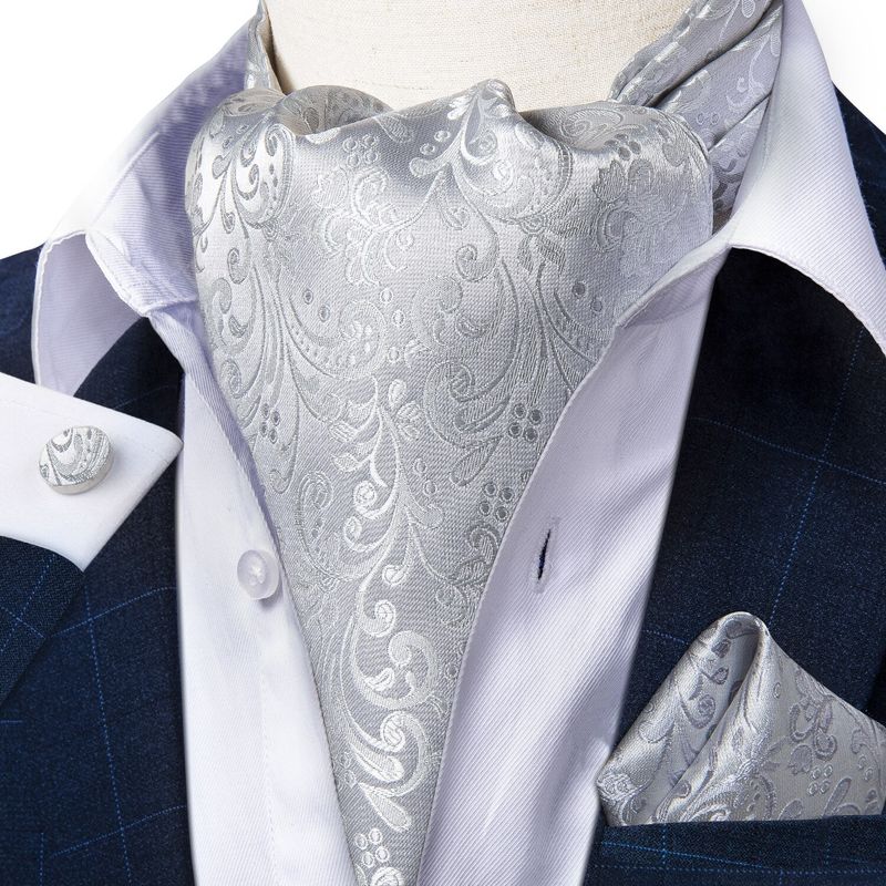SN SONEC - Corbata Gruesa Ascot con Paño y Colleras formal hombre Silver