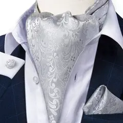 SN SONEC - Corbata Gruesa Ascot con Paño y Colleras formal hombre Silver