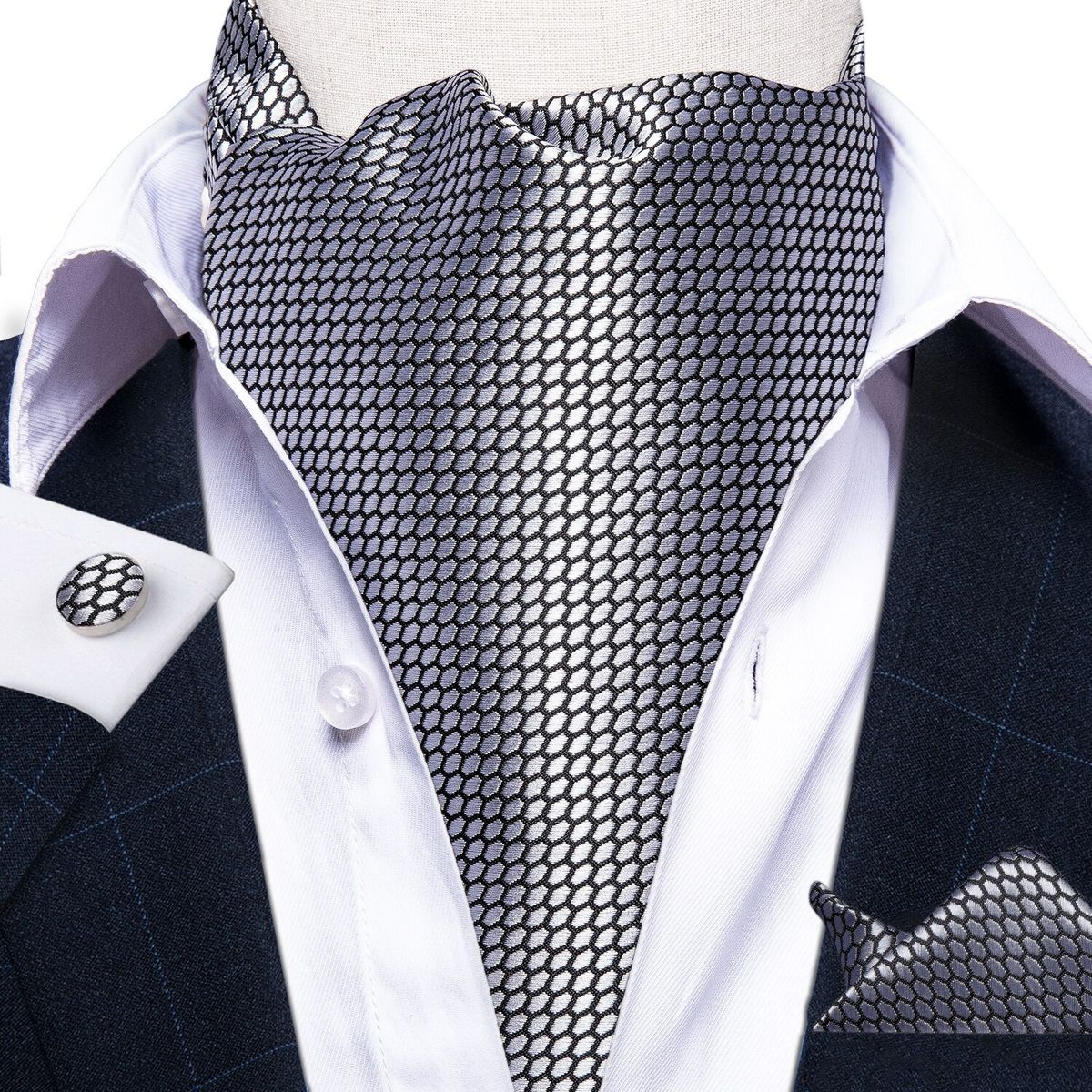 SN SONEC - Corbata Gruesa Ascot Paño y Colleras formal hombre Gris Texturizado