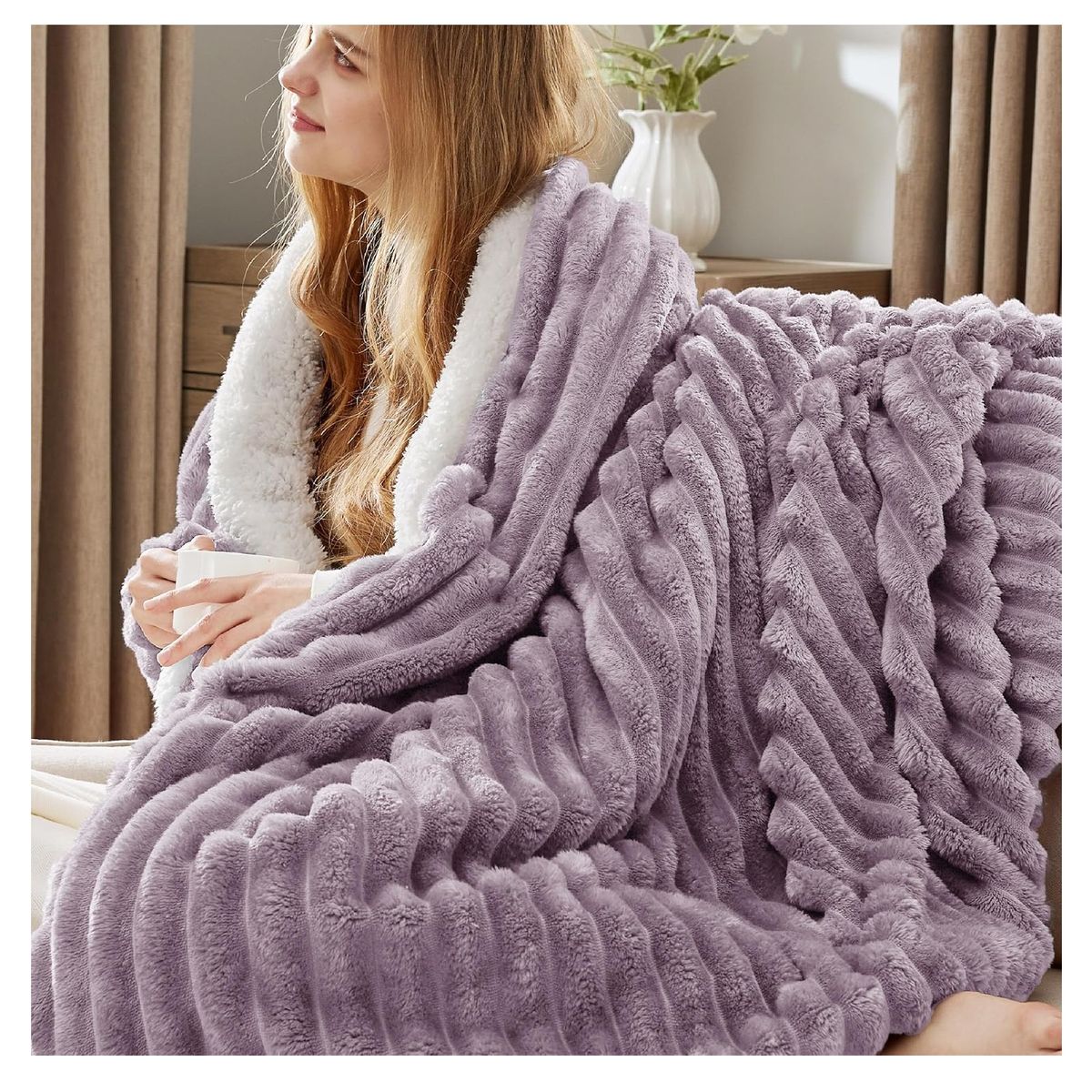 ALMA & DECO - Frazada Manta Coral Acanalada Sherpa Lila 2 Plazas o king Premium